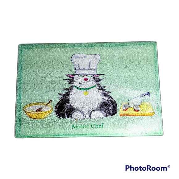 Ann Edwards Master Chef Cat Cutting Board Glass Trivet Cheese Board 8x12 - Picture 1 of 5